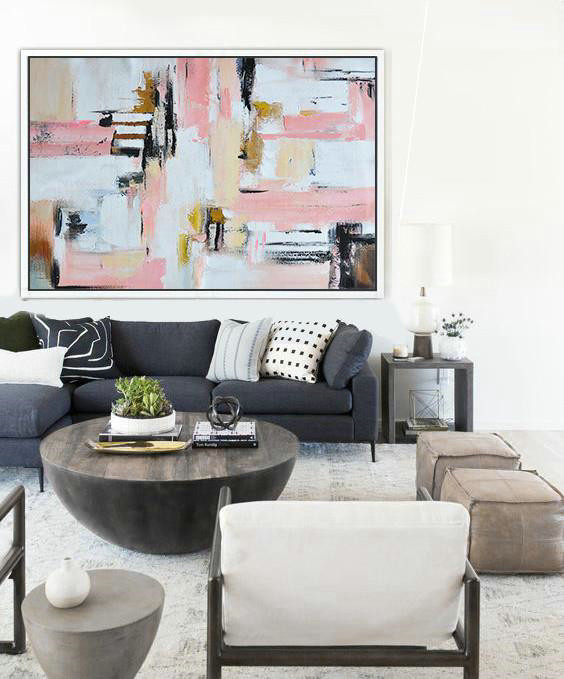 Original Abstract Painting Extra Large Canvas Art,Oversized Horizontal Contemporary Art,Huge Abstract Canvas Art,White,Pink,Light Yellow,Black,Brown.etc